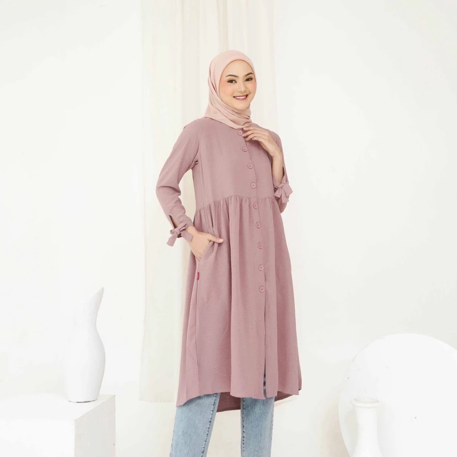 RILLEY Tunik Crinkle Rana Atasan Wanita Panjang Kemeja